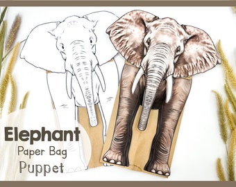 Printable Elephant Puppet Template | Easy Paper Bag Craft Kit | Children Educational Toy |  Animal Lovers Interactive Craft For Parties