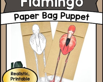 Títere de flamenco imprimible en bolsa de papel, títere de animal tropical realista, manualidad de papel DIY para niños, preescolar y jardín de infantes.