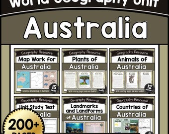 May include: A World Geography Unit about Australia, featuring educational resources for 2nd-6th graders. The image includes sections on map work, plants, animals, unit study tests, landmarks, and countries, with over 200 pages of content.