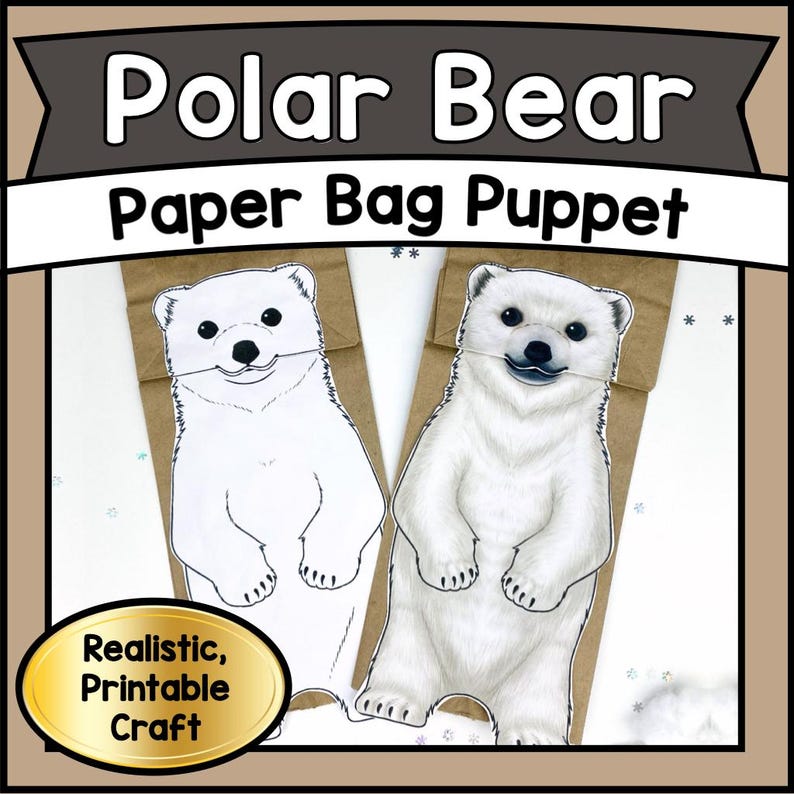 Printable Polar Bear Paper Bag Puppet Craft Kit | DIY ARCTIC Animal Template PDF | Kids Winter Craft & Educational Art Activity image 1