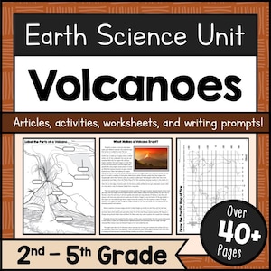 Estudio de unidad sobre volcanes (imprimible) • Hojas de trabajo, carteles y actividades de ciencias de la tierra (PDF) • Aprendizaje STEM • Recursos de lectura para el aula de educación en el hogar