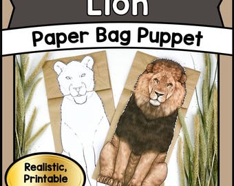 Plantilla para hacer títeres de león con bolsa de papel / PDF de animales de safari DIY / Juego creativo y actividad educativa para niños