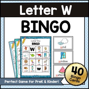 Letter W BINGO GAME Printable Pdf - Cute Alphabet Bingo Cards for Preschool Kindergarten - Fun ABC Learning Game Digital Download