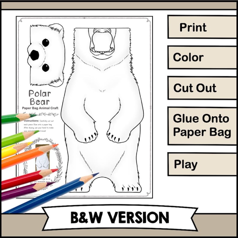Printable Polar Bear Paper Bag Puppet Craft Kit | DIY ARCTIC Animal Template PDF | Kids Winter Craft & Educational Art Activity image 3