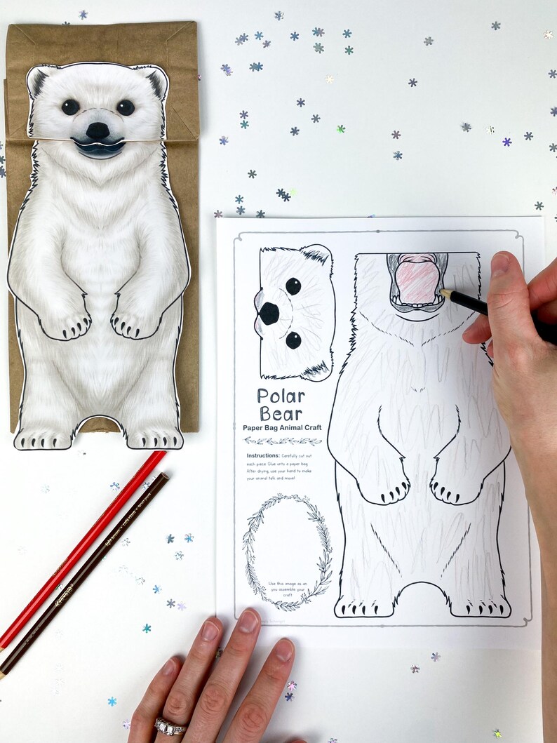Printable Polar Bear Paper Bag Puppet Craft Kit | DIY ARCTIC Animal Template PDF | Kids Winter Craft & Educational Art Activity image 5