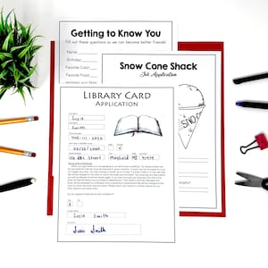 May include: Three printed paper forms including a Library Card Application with filled-in fields for Susie Smith, a Getting to Know You questionnaire, and a Snow Cone Shack job application featuring a graphic of a snow cone in a paper cup.