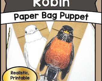 Robin Paper Bag Puppet Printable, Bird Paper Craft for Kids, Preschool & Kindergarten DIY Animal Puppet Realistic, Classroom Activity PDF