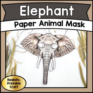 Modello stampabile per realizzare una maschera di carta a forma di ELEFANTE snodato / Maschera di animale della giungla fai da te in formato PDF / Attività per feste e progetti scolastici per bambini e adulti