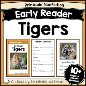 Hojas de trabajo de comprensión lectora de TIGRES: Cuentos breves sobre animales para jardín de infantes, 1.º y 2.º grado (PDF)