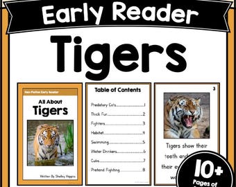 TIGERS Reading Comprehension Worksheets Short Animal Facts Stories Booklet for Kindergarten 1st-2nd Grade Decodable Fluency Passages PDF