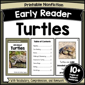 TURTLE Feuilles d'exercices pour la compréhension de l'écrit, compréhension de l'écrit, phrases courtes Histoire d'animaux avec photos Activités de passage décodables pour la maternelle à la 2e année PDF