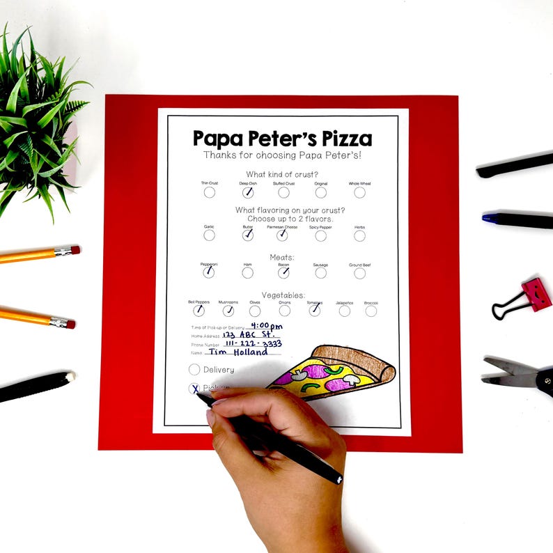 May include: A Papa Peter's Pizza order form on a red background with a hand filling out the document using a black pen. The form includes sections for crust type, flavorings, meats, and vegetables, with several options marked with an X.