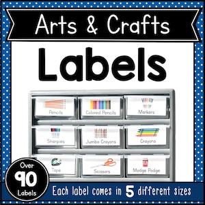 May include: A set of arts and crafts labels with the text "Arts & Crafts" and "Labels". The labels are organized in a clear plastic organizer and include labels for pencils, colored pencils, markers, sharpies, crayons, tape, scissors, and modge podge.
