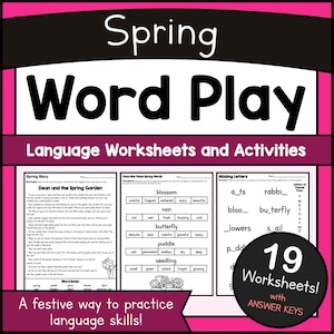 Op de afbeelding: Een set educatieve werkbladen getiteld "Spring Word Play" met taalactiviteiten en antwoordsleutels. De werkbladen bevatten woordspelletjes en de tekst "19 Worksheets!" en "A festive way to practice language skills!"