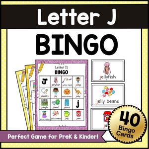 LETTER J BINGO Game – Cute Alphabet Bingo Printable for Preschool and Kindergarten – Fun Learning Game – Digital PDF Download