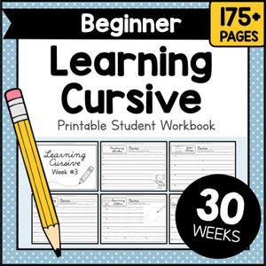 Puede incluir: Un cuaderno de trabajo imprimible para principiantes para aprender escritura cursiva. La portada muestra "Learning Cursive" con "Beginner" encima. Un lápiz amarillo está a la izquierda. El cuaderno contiene más de 175 páginas y cubre 30 semanas de lecciones.
