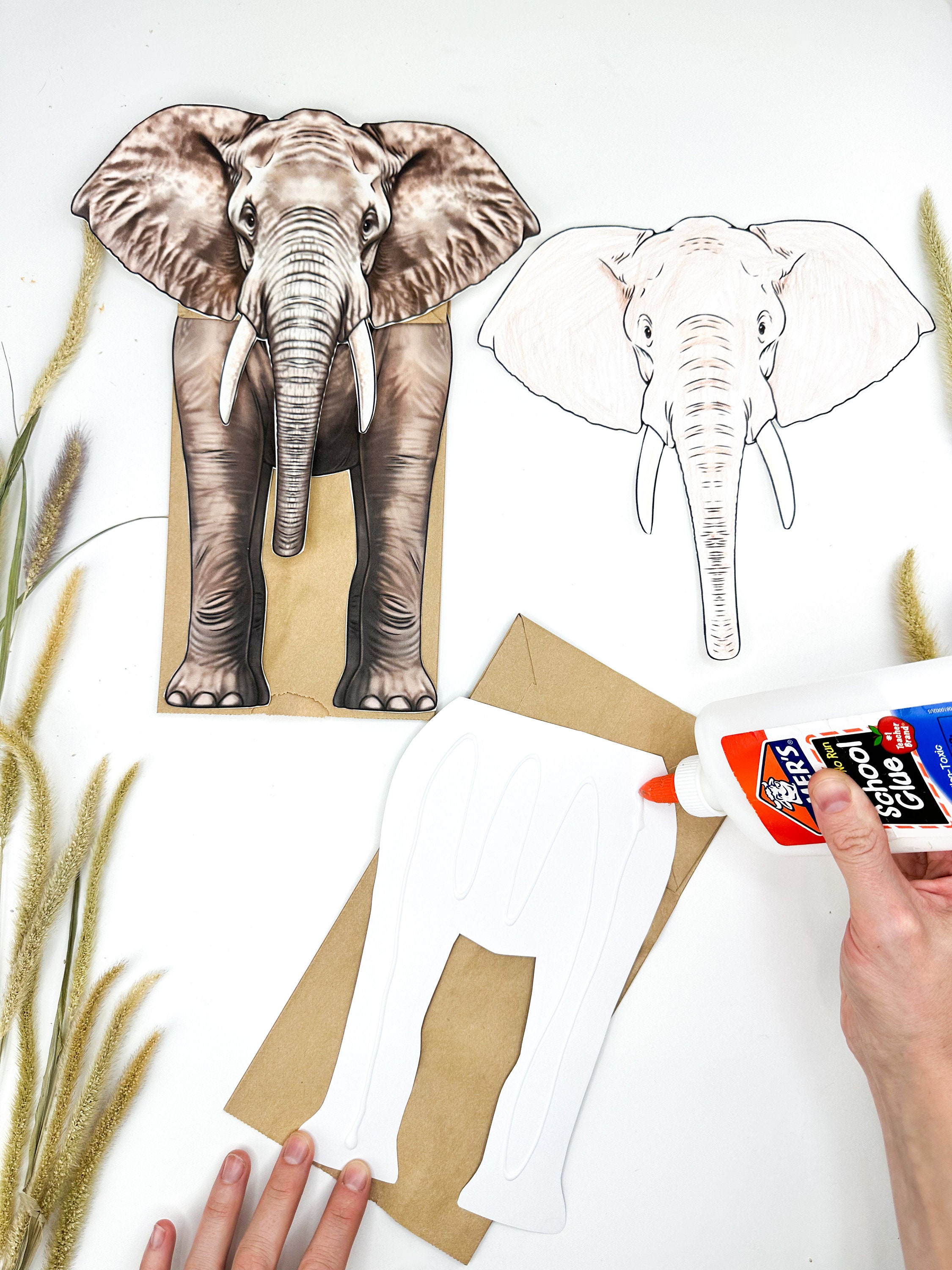 Printable Elephant Puppet Template Easy Paper Bag Craft Kit Children ...