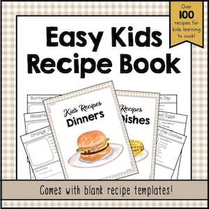 以下が含まれることがあります： 「Easy Kids Recipe Book」というタイトルのレシピ本で、「子供たちが料理を学ぶための100以上のレシピ！」というテキストが表示されています。この本には、夕食や料理のレシピページが含まれており、ハンバーガーとトウモロコシのイラストが描かれています。「空白のレシピテンプレートが付属しています！」というテキストも表示されています。