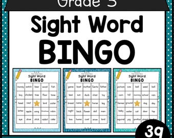 May include: A Grade 3 Sight Word Bingo game with three bingo cards. Each card features a grid of sight words. The image includes the text "Perfect for emergent readers in K-3rd Grade!" and "39 WORDS".