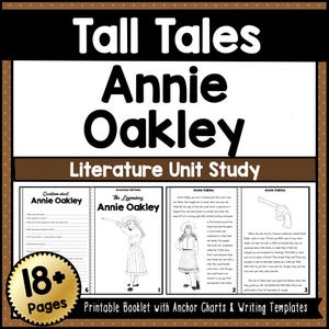 May include: A brown and white educational booklet titled "Tall Tales Annie Oakley Literature Unit Study." The cover features the title and the name "Annie Oakley" in large, bold letters. The booklet includes pages with questions, illustrations, and text.