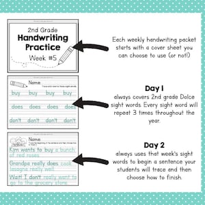 2nd GRADE HANDWRITING Curriculum PDF - 30 Weeks of Printable Writing Worksheets - Homeschool Letter and Sight Word Practice Pack image 6