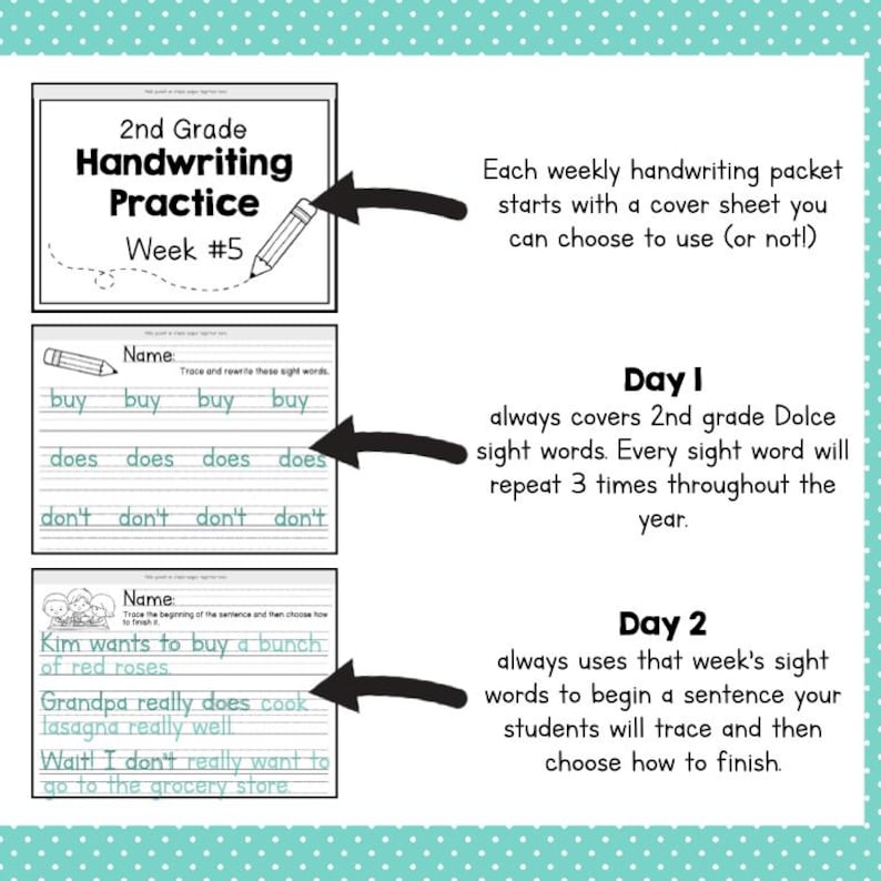 2nd GRADE HANDWRITING Curriculum PDF - 30 Weeks of Printable Writing Worksheets - Homeschool Letter and Sight Word Practice Pack image 6