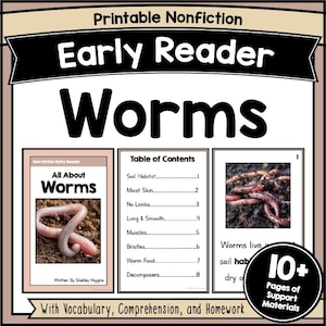 Worms Nonfiction Early Reader PDF Printable Animal Book, Reading Comprehension, Science Activity for Kids K-2, ESL, Homeschool Printable Pdf