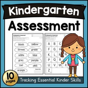 May include: A colorful educational resource for kindergarten assessment. The image features worksheets for identifying colors and uppercase letters, along with a cartoon illustration of a girl. The text reads "Kindergarten Assessment" and "Tracking Essential Kinder Skills."