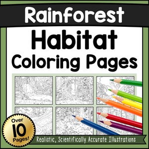 Può includere: Pagine da colorare sull'habitat della foresta pluviale con oltre 10 pagine di illustrazioni realistiche. L'immagine mostra varie pagine da colorare e matite colorate. Il testo recita: «Illustrazioni realistiche e scientificamente accurate».