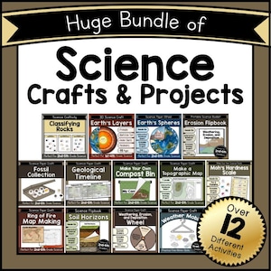 Może przedstawiać: Zestaw prac i projektów naukowych dla uczniów klas 2-6. Obraz przedstawia różne zajęcia naukowe, w tym klasyfikowanie skał, warstwy Ziemi i tworzenie mapy topograficznej. Obraz zawiera również tekst "Huge Bundle of Science Crafts & Projects".