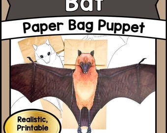 Kit de plantillas imprimibles para títeres de murciélago / Bolsa de papel con animales (PDF) / Actividad educativa, para colorear y contar historias para niños