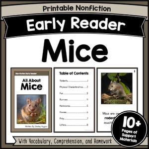 Libro de no ficción sobre ratones para primeros lectores / Hojas de trabajo de comprensión lectora para jardín de infantes / Fonética y palabras de uso frecuente / Unidad imprimible de estudio de animales en PDF