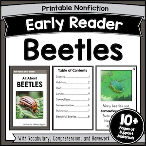 Beetle Early Reader Book Printable, Nonfiction Insect Unit Study, Kinder-1st Grade Reading Comprehension Worksheets, Homeschool Science PDF