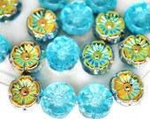 20pcs Crystal Aqua Blue Dichroic Vitrail Half Anemone Flower Sun Focal Pendant Flat Coin Round Flower Czech Glass Beads 9mm