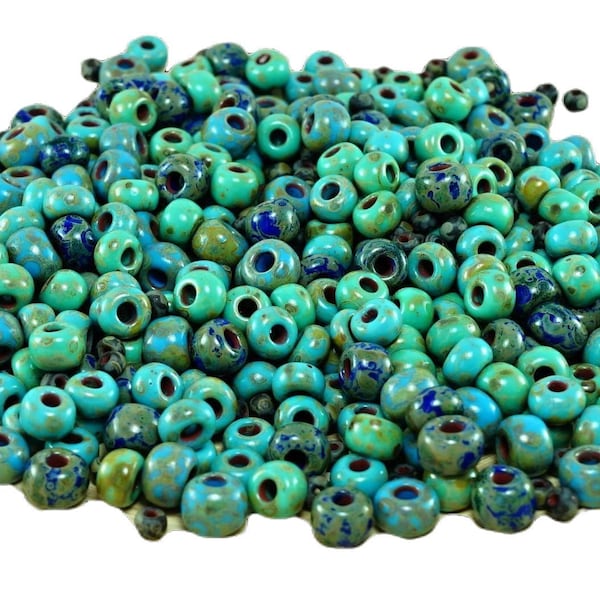 Anissa Exclusive Picasso Mix Czech Glass Seed Beads Rustic Turquoise Multicolor Striped Rough Aged Tribal 20g