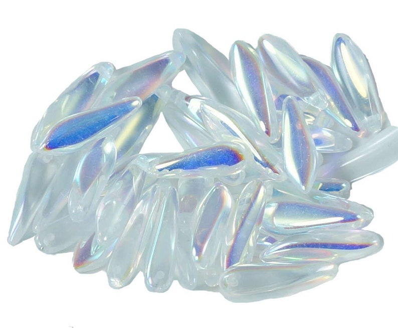 30pcs Crystal Ab Czech Glass Dagger Beads Flat Leaf 5mm x 16mm