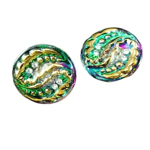 1pc Handmade Czech Glass Button Small Gold Spiral Flower Strass Purple Green Dichroic Vitrail Size 8, 18mm