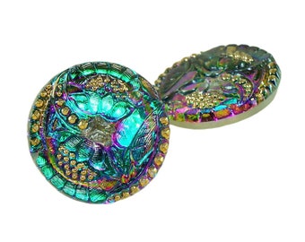 1pc Handgemachtes Böhmisches Glas-Button-Gold-Blume-Blatt-Grün-Violett Dichroitischen Vitrail Größe 12, 27mm