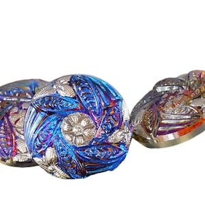 1pc Handmade Czech Glass Button Small Silver Flower Dichroic Vitrail Blue Size 8, 18mm