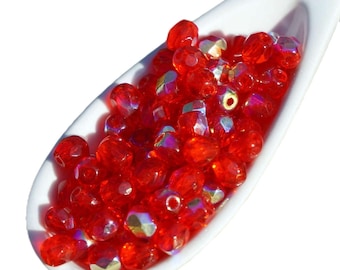 100pcs Ruby Red Ab Round Fire Polish Glass Czech Beads 4mm