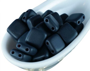 40pcs Jet Black Matte Tile Czech Glass Beads Two Hole Flat Square 6mm