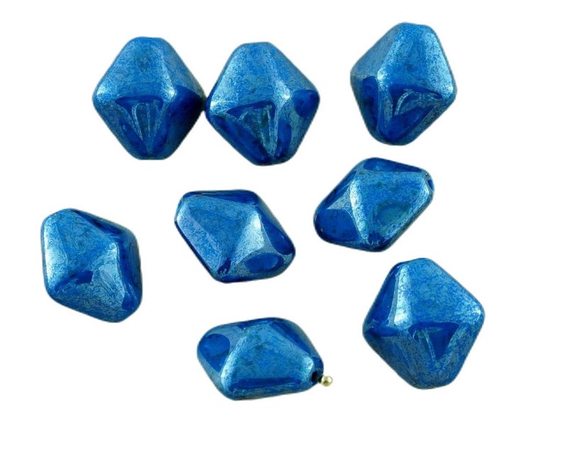 Luster Blue Czech Glass Rhombus Bicone Beads Bohemian 15mm x 10mm 4pcs image 1