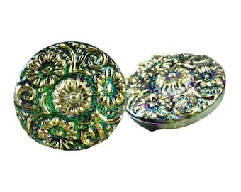 1pc Handmade Czech Glass Button Gold Flower Green Dichroic Vitrail Size 10, 22.5mm