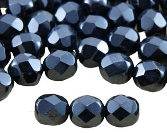 24pcs Opaque Jet Black Round Faceted Fire Polished Spacer Czech Glass Beads 7mm