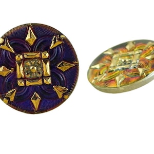 1pc Handmade Czech Glass Button Square Flower Large Purple Dichroic Vitrail Gold Size 12, 27mm