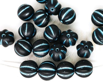 16pcs Jat Black Turquoise Striped Melon Halloween Pumpkin Fruit Fall Round Beads Czech Glass 8mm