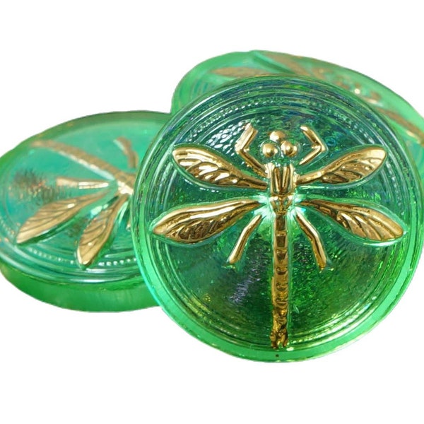 1pc Handmade Czech Glass Button Flat Round Small Gold Dragonfly Shiny Yellow Green Size 8, 18mm