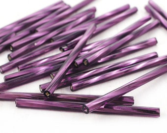 50pcs x 30mm Extra Long Purple Silver Lined Twisted Round Czech Glass Bugle Beads Preciosa Tubes