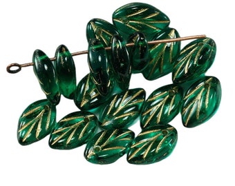 Emerald Green Gold Lined Czech Glass Flat Carved Leaf Beads 11mm x 6mm 20pcs