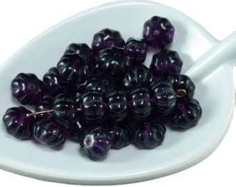 Dark Purple Clear Czech Glass Squashed Melon Beads Fruit Pumpkin Halloween Fall 6mm x 8mm 22pcs